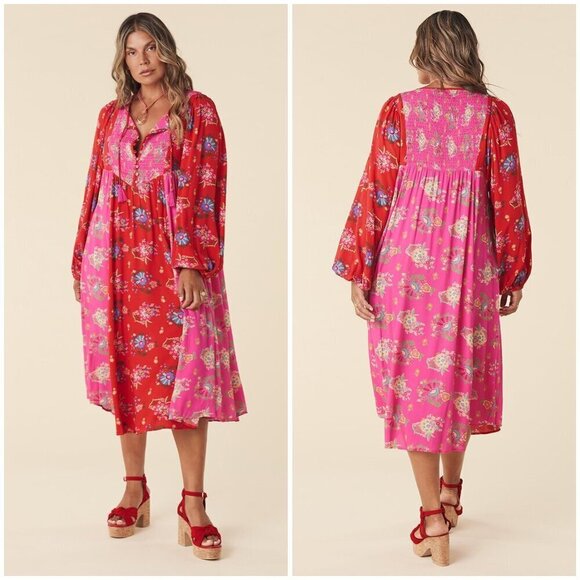 💕SPELL & THE GYPSY💕 Solstice Boho Midi Dress ~ Salsa Rose Large - Picture 6 of 16